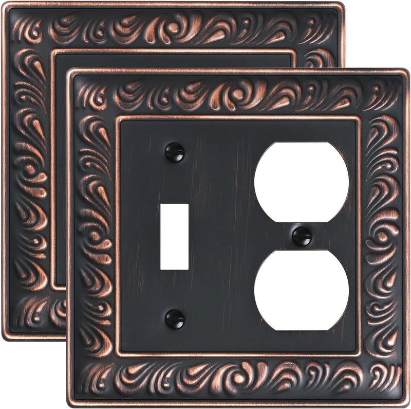 treewell 2-Pack Combo Toggle/Duplex Light Switch Cover Plate, Paisley Pattern Decorative Wall Outlet Cover Plate, Aged Bronze 2 Gang Metal Wall Plates for Electrical Outlets, Light Switch - Image 1